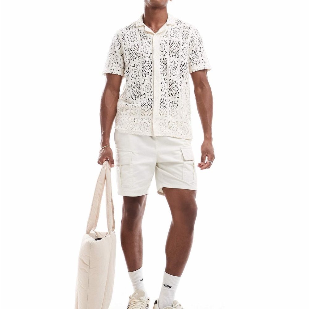 Hollister Ivory Lace Shirt Crochet Button Down Men’s M Coastal Amalfi Resortwear - Picture 2 of 10